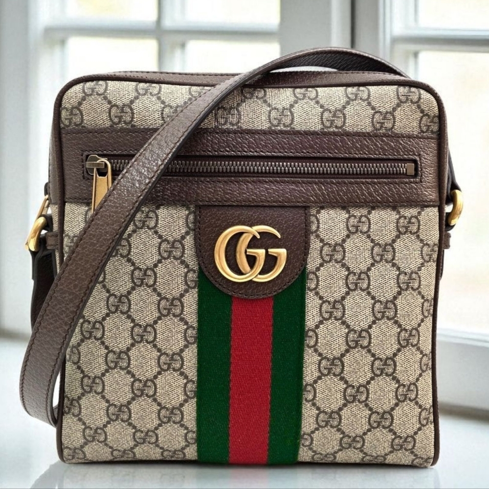 Gucci Brown GG Supreme Crossbody with Green and Red Web Stripe